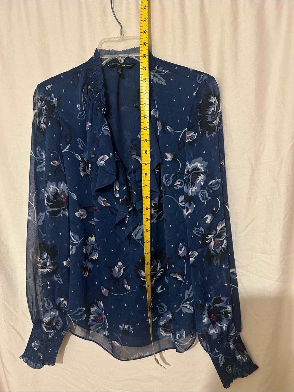 WHBM Blue Ruffle Neck Blouse with Sheer Sleeves - Picture 16 of 17